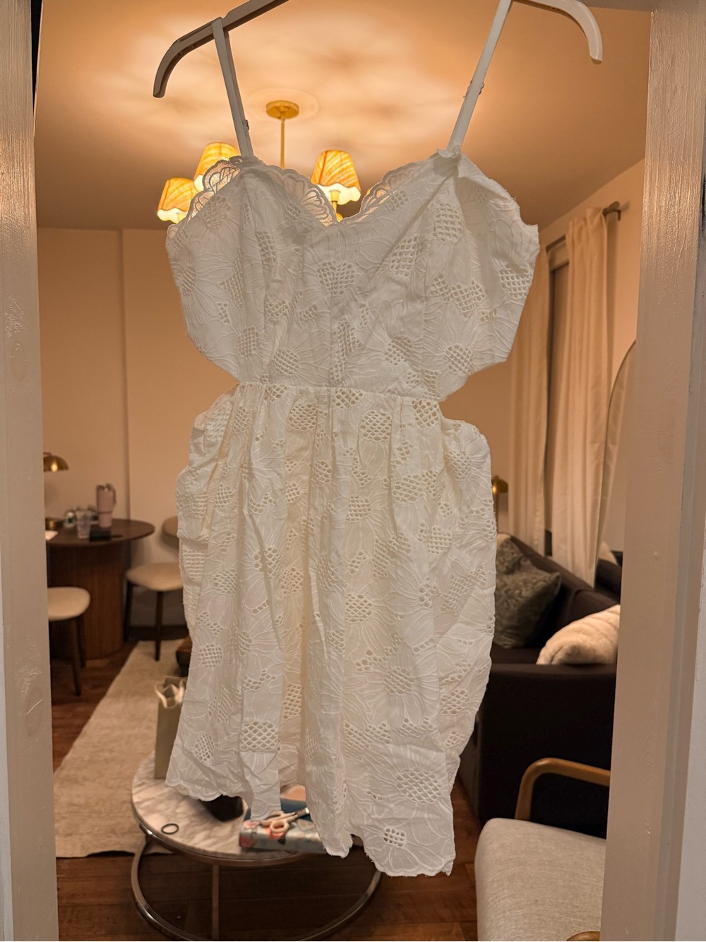 Milly Cream Eyelet Lace Mini Dress with Spaghetti Straps